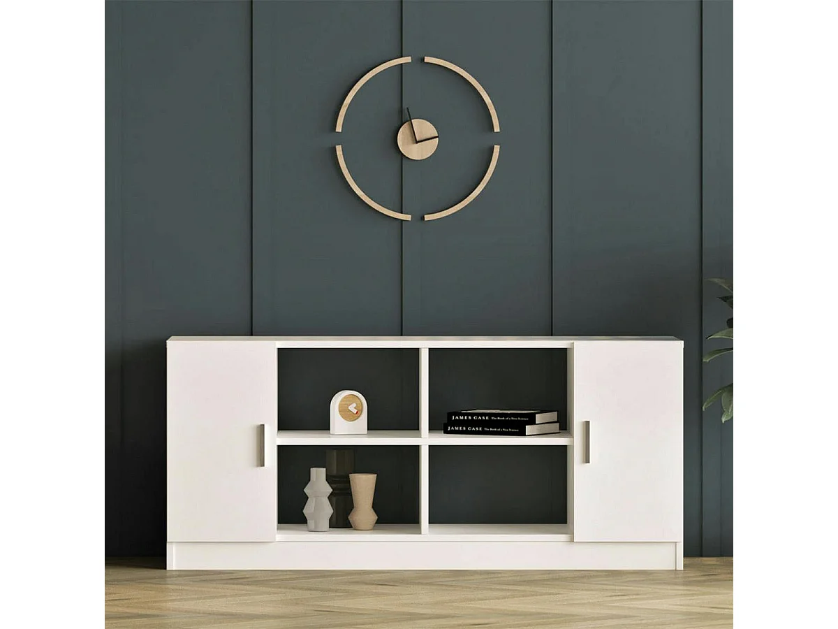 Meuble TV blanc moderne 2 portes 4 niches ouvertes MARFA