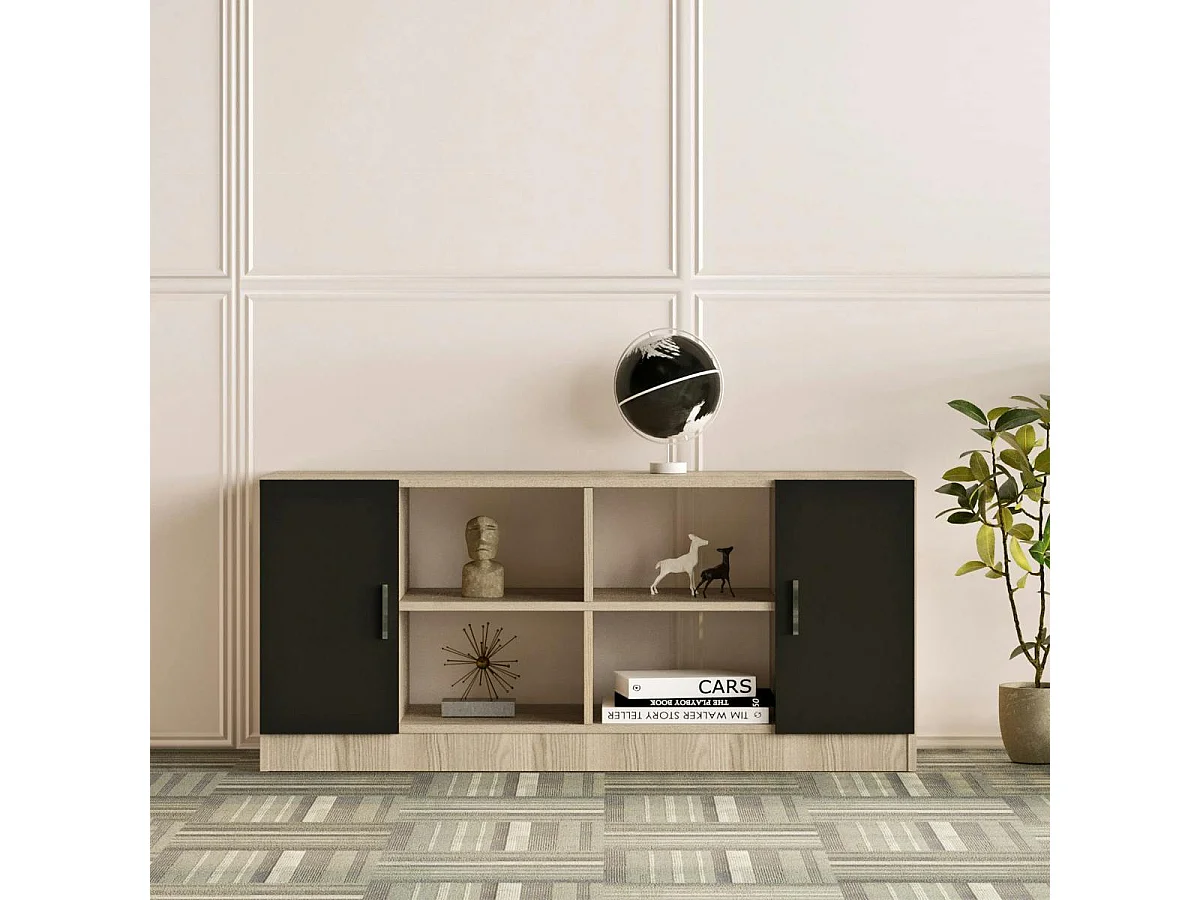 Meuble TV moderne décor bois 2 portes noires MARFA