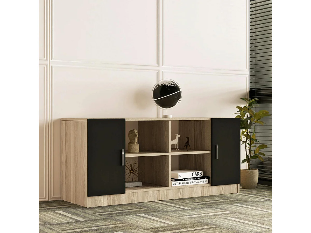 Meuble TV moderne décor bois 2 portes noires MARFA