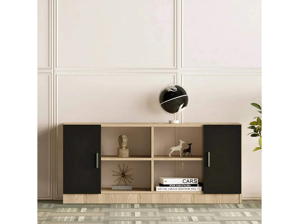 Meuble TV moderne décor bois 2 portes noires MARFA