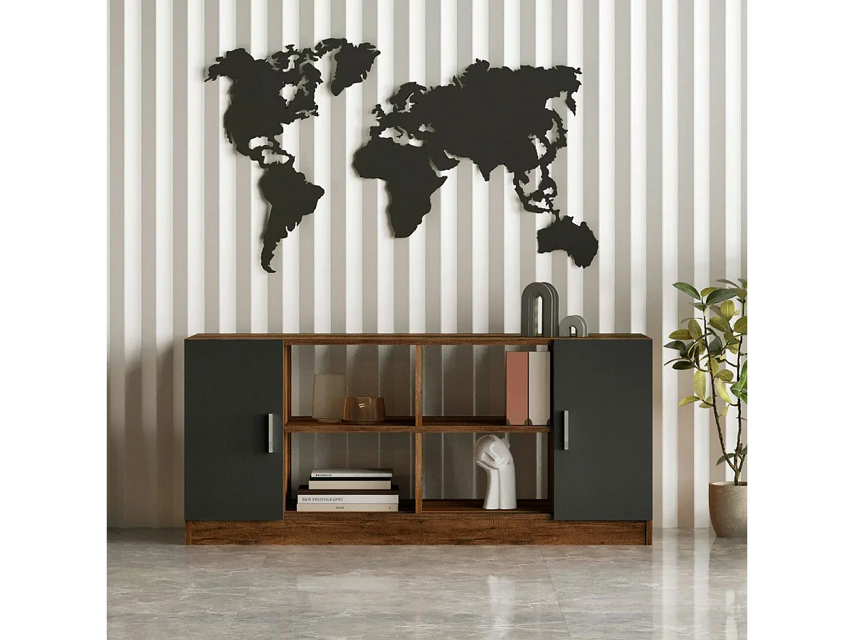 Meuble TV rétro chic décor bois foncé 2 portes grises MARFA