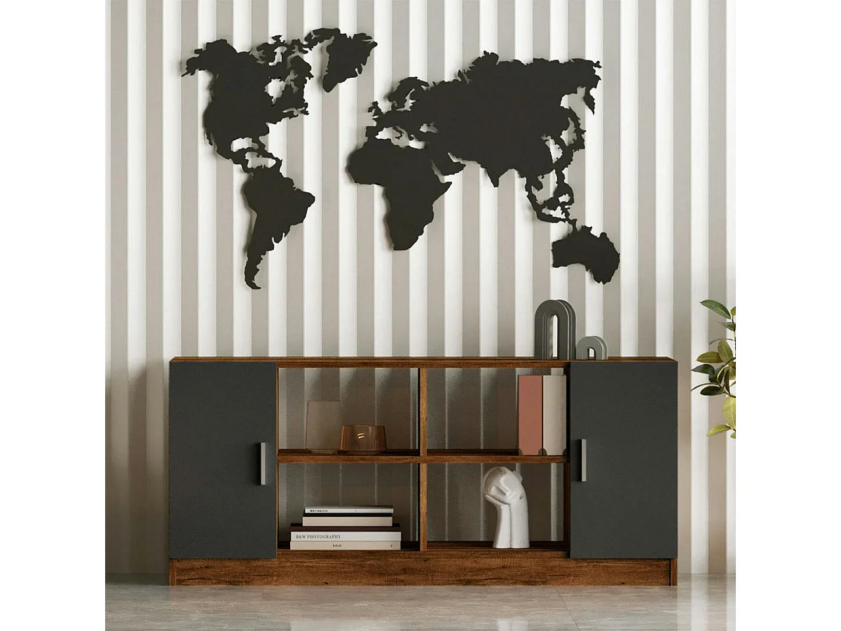 Meuble TV rétro chic décor bois foncé 2 portes grises MARFA