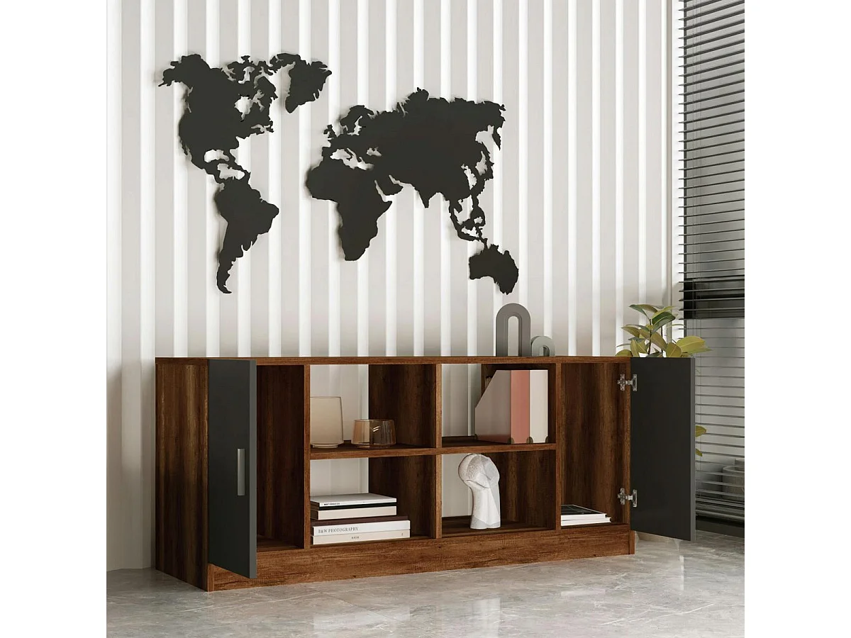 Meuble TV rétro chic décor bois foncé 2 portes grises MARFA