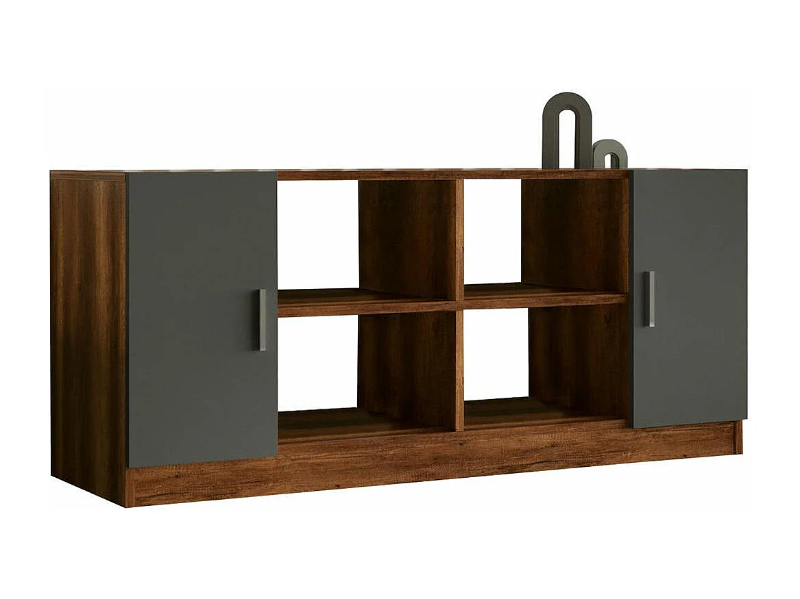 Meuble TV rétro chic décor bois foncé 2 portes grises MARFA