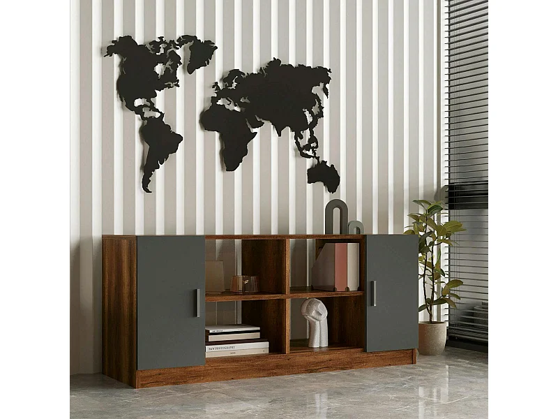 Meuble TV rétro chic décor bois foncé 2 portes grises MARFA