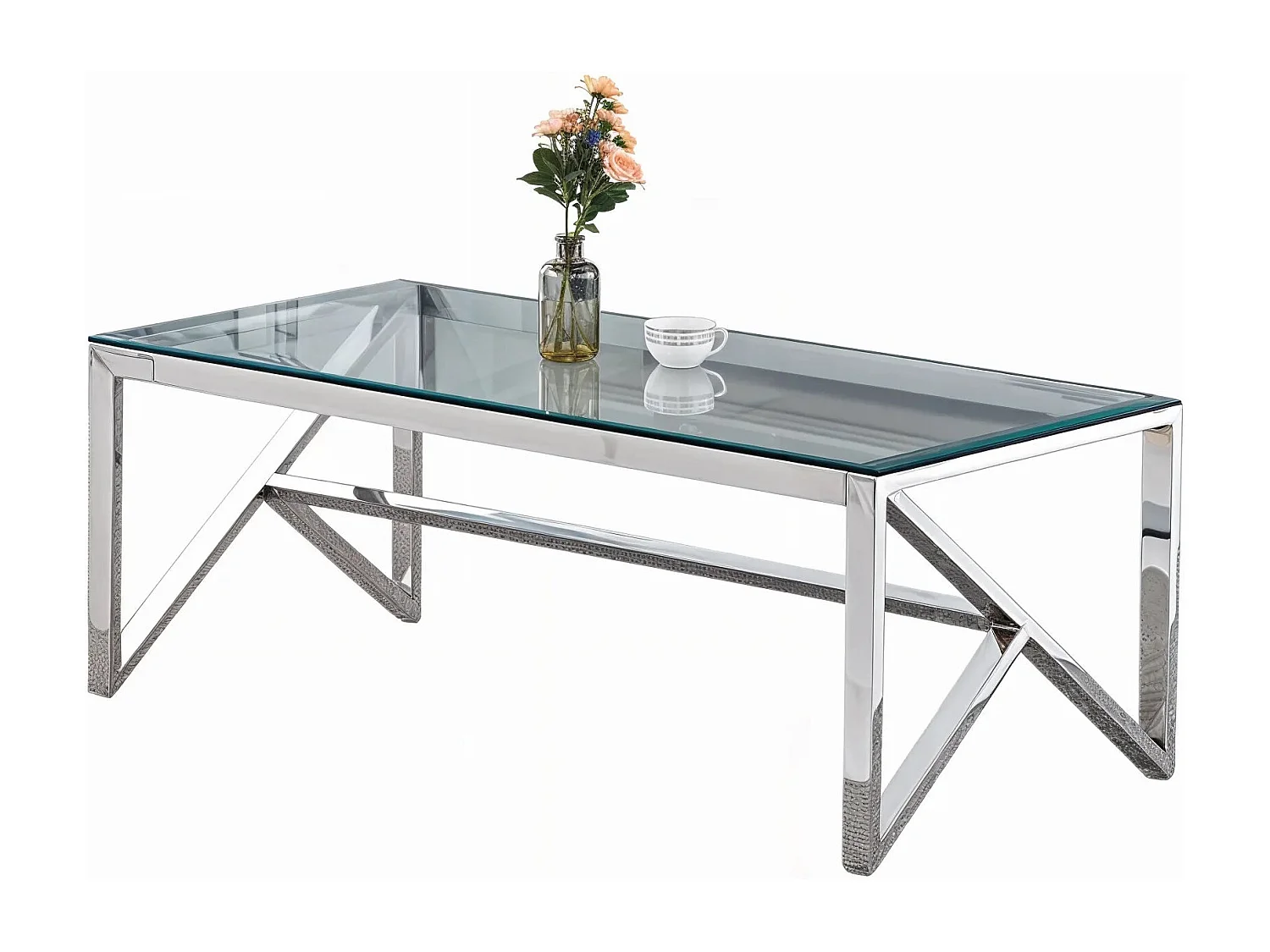 Table Basse MAJESTIQUE Rectangle Plateau Verre Trempé Transparent Pieds Chrome 120x60x45cm