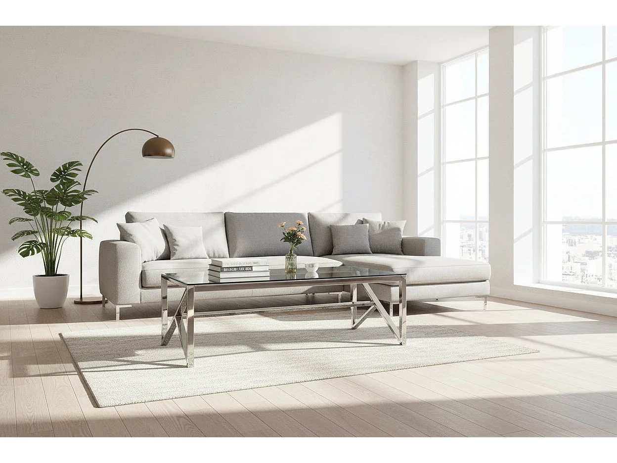 Table Basse MAJESTIQUE Rectangle Plateau Verre Trempé Transparent Pieds Chrome 120x60x45cm