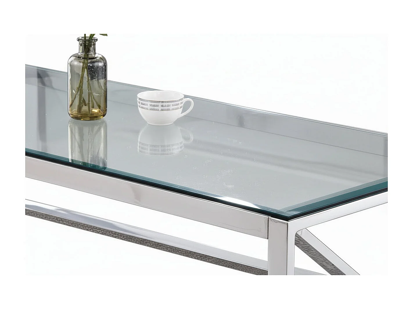 Table Basse MAJESTIQUE Rectangle Plateau Verre Trempé Transparent Pieds Chrome 120x60x45cm