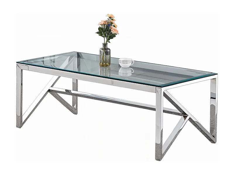 Table Basse MAJESTIQUE Rectangle Plateau Verre Trempé Transparent Pieds Chrome 120x60x45cm