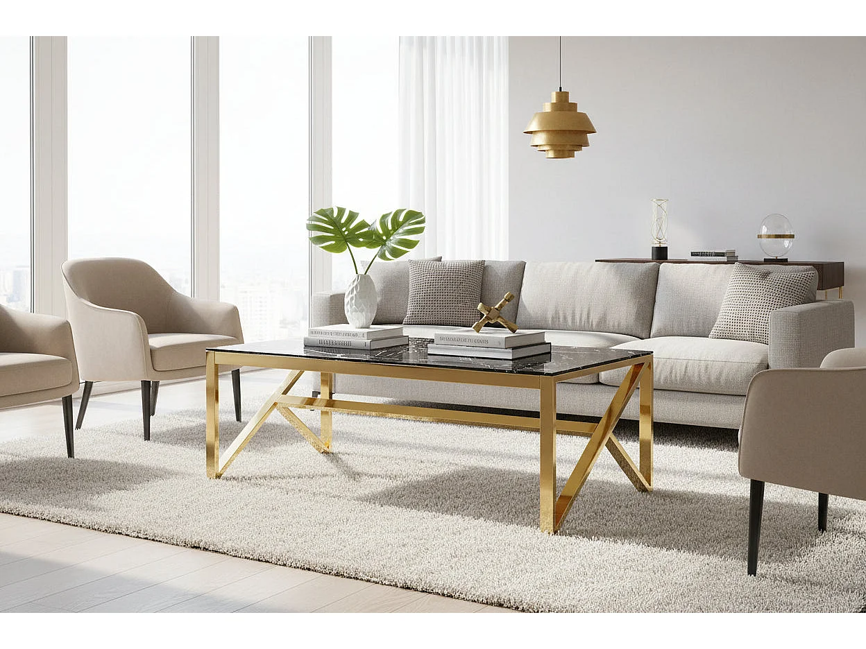 Table Basse MAJESTIQUE Rectangle Plateau Verre Trempé Marbré Noir Pieds Gold 120x60x45cm