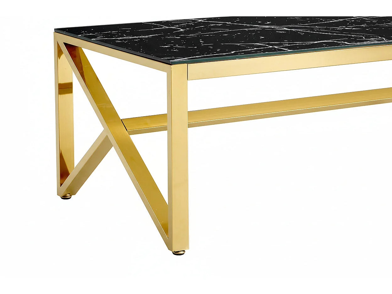 Table Basse MAJESTIQUE Rectangle Plateau Verre Trempé Marbré Noir Pieds Gold 120x60x45cm