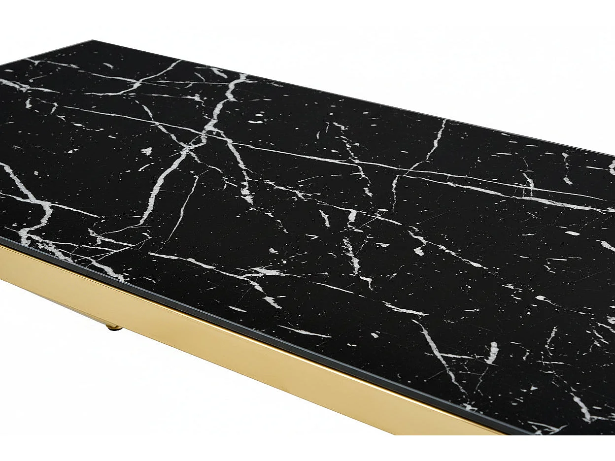 Table Basse MAJESTIQUE Rectangle Plateau Verre Trempé Marbré Noir Pieds Gold 120x60x45cm
