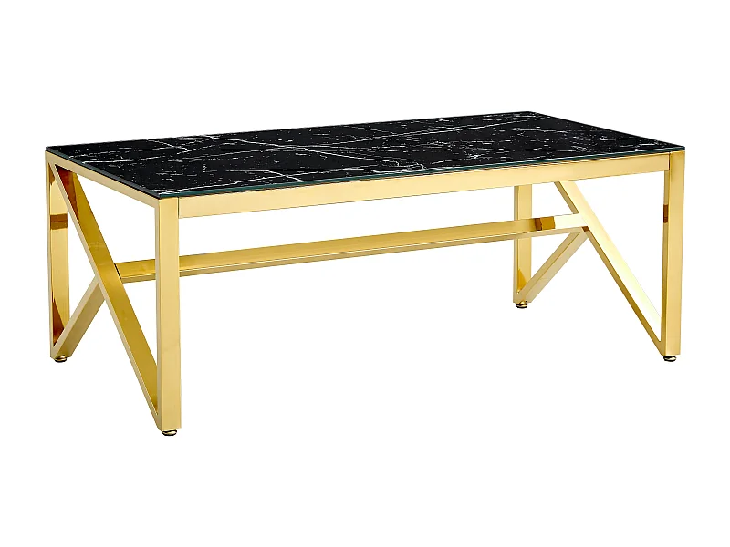 Table Basse MAJESTIQUE Rectangle Plateau Verre Trempé Marbré Noir Pieds Gold 120x60x45cm