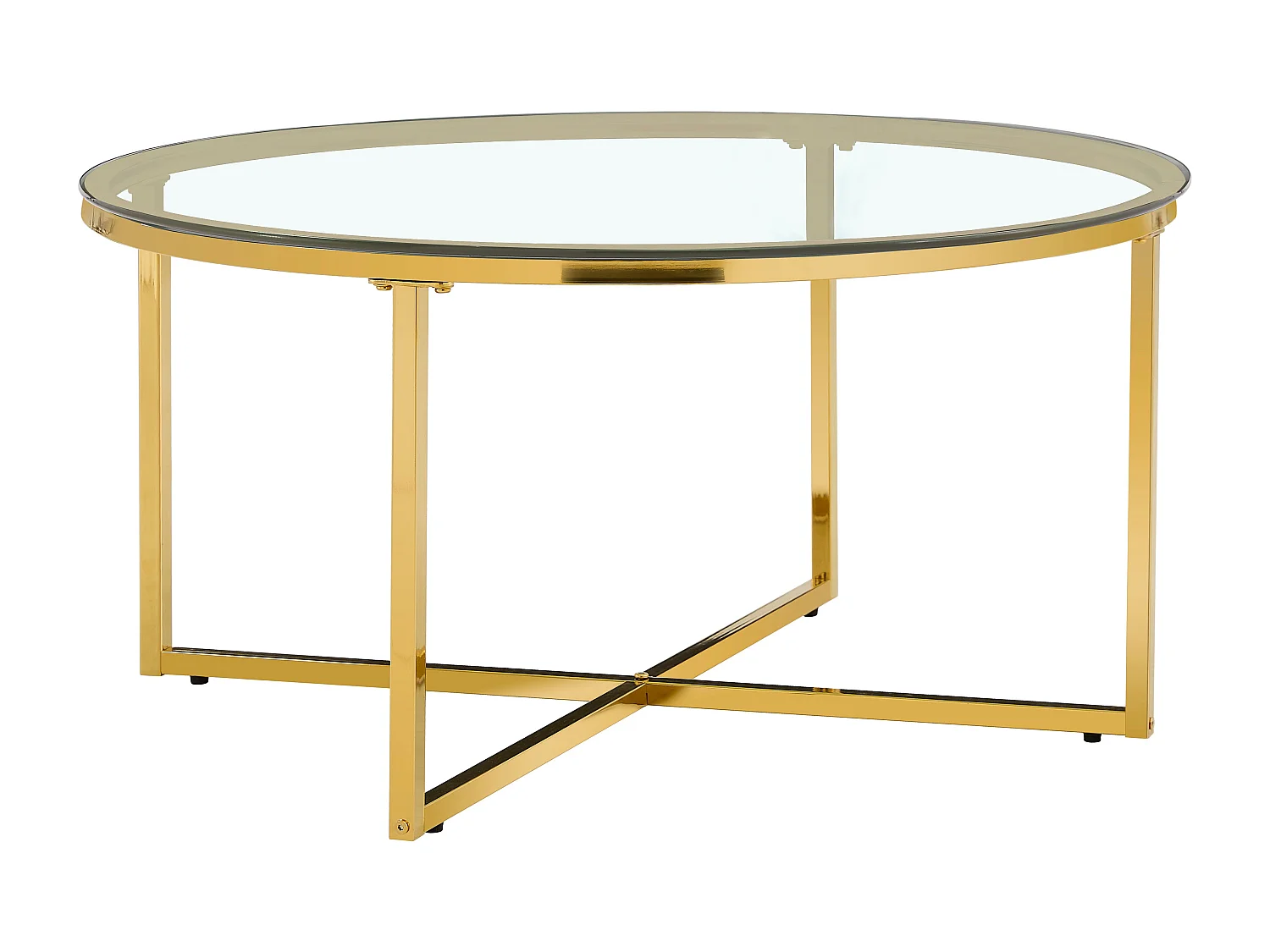 Table Basse LORIE Ronde Plateau Verre Trempé Transparent Structure Métal Gold D90x45cm