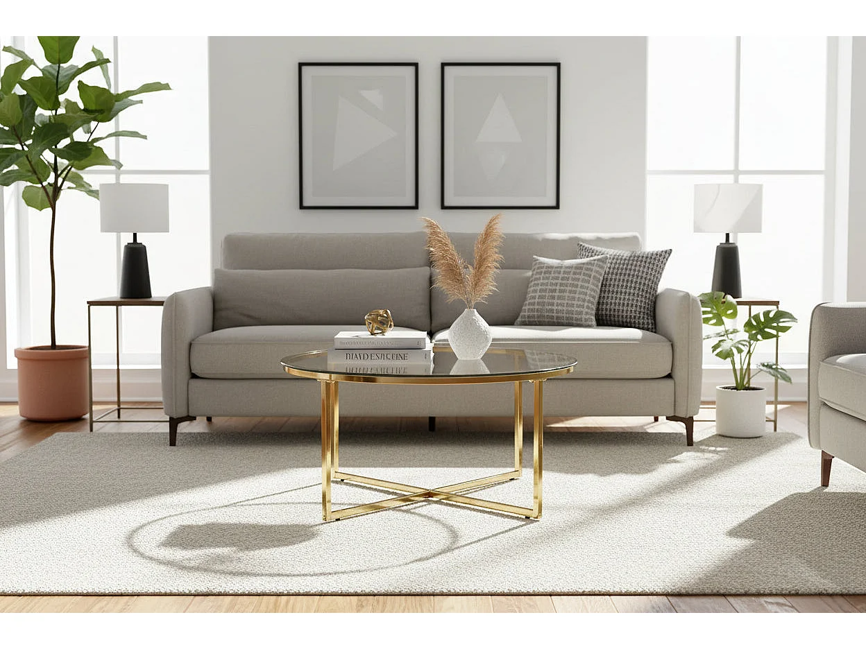 Table Basse LORIE Ronde Plateau Verre Trempé Transparent Structure Métal Gold D90x45cm