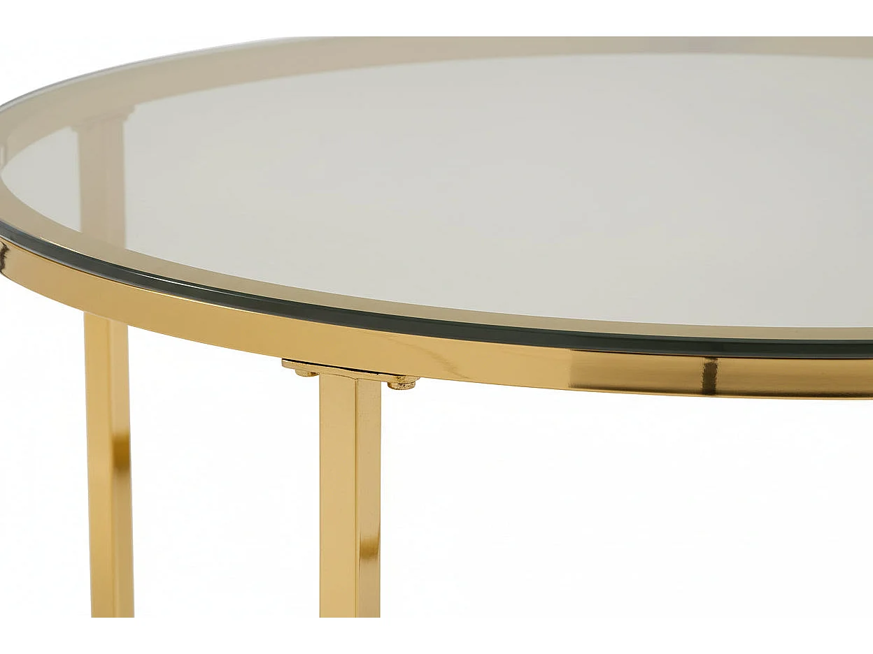 Table Basse LORIE Ronde Plateau Verre Trempé Transparent Structure Métal Gold D90x45cm