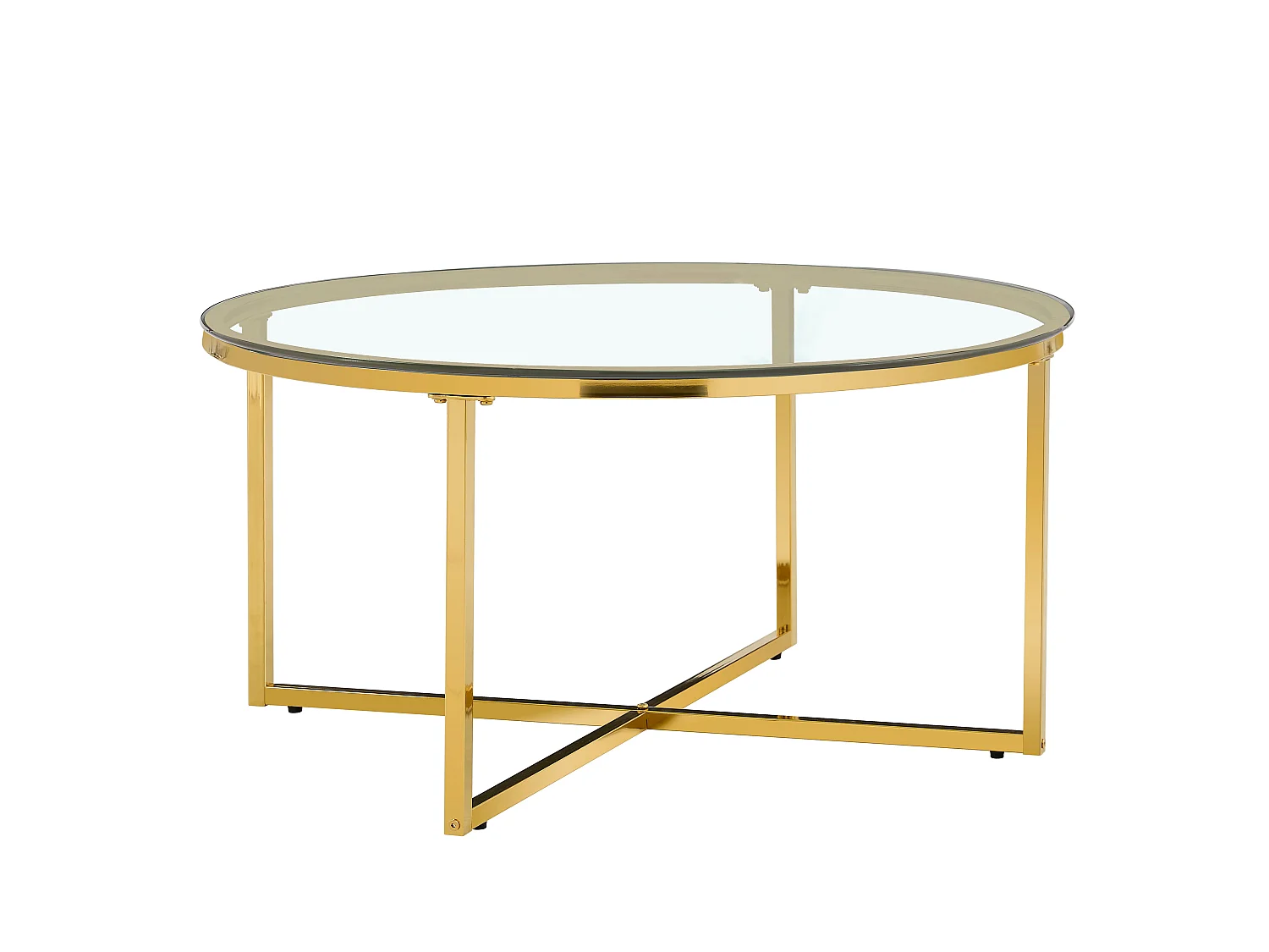 Table Basse LORIE Ronde Plateau Verre Trempé Transparent Structure Métal Gold D90x45cm