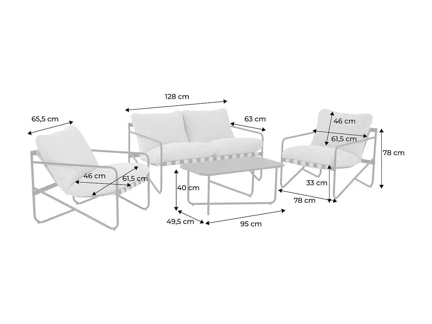 Salon de jardin 4 places avec table en métal. avec des sangles. anthracite et blanc