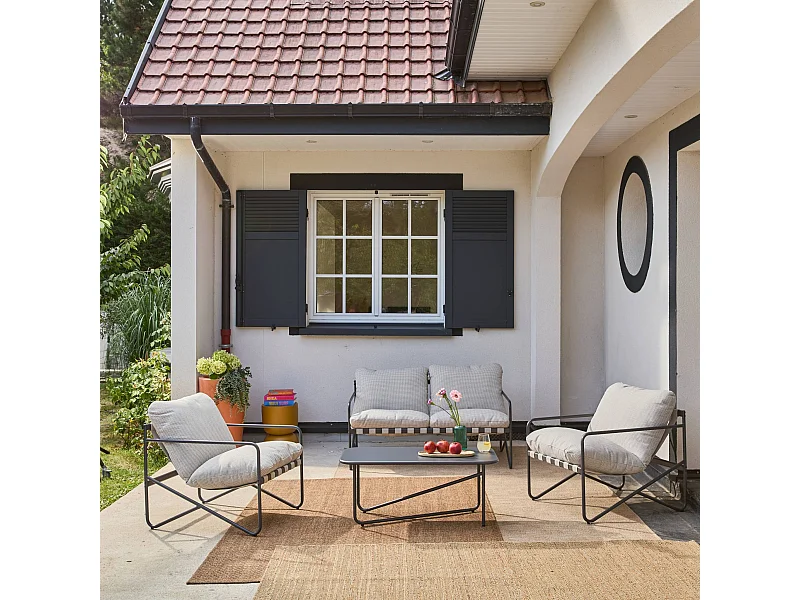 Salon de jardin 4 places avec table en métal. avec des sangles. anthracite et blanc