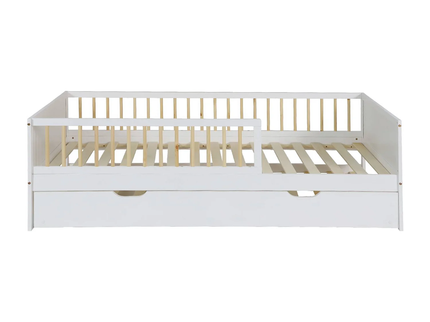 Lit gigogne enfant 90 x 190 cm pin naturel  avec sommier à lattes et tiroir blanc - Elio
