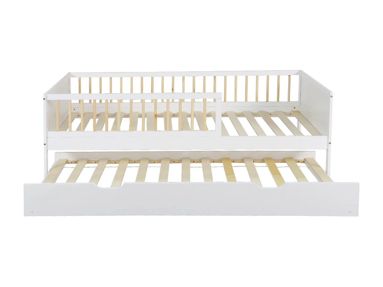Lit gigogne enfant 90 x 190 cm pin naturel  avec sommier à lattes et tiroir blanc - Elio