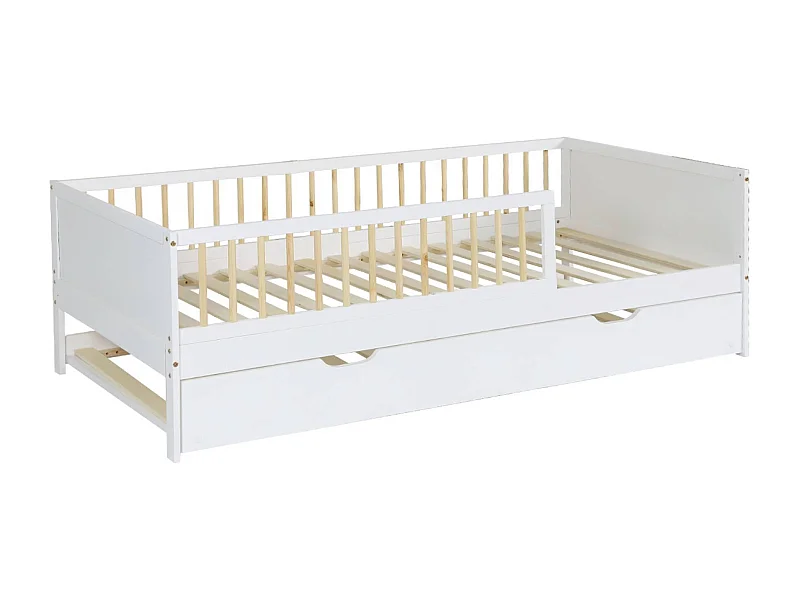 Lit gigogne enfant 90 x 190 cm pin naturel  avec sommier à lattes et tiroir blanc - Elio