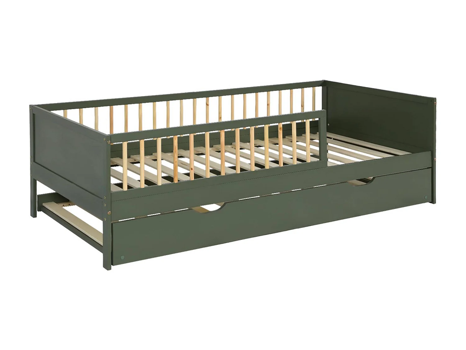 Lit gigogne enfant 90 x 190 cm pin naturel  avec sommier à lattes et tiroir vert - Elio