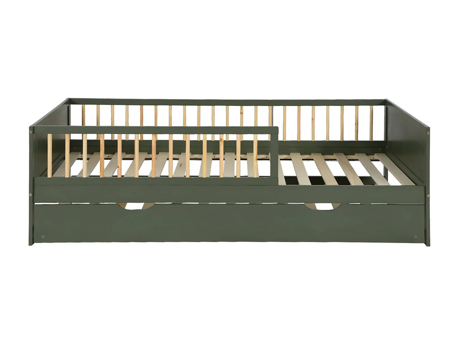 Lit gigogne enfant 90 x 190 cm pin naturel  avec sommier à lattes et tiroir vert - Elio