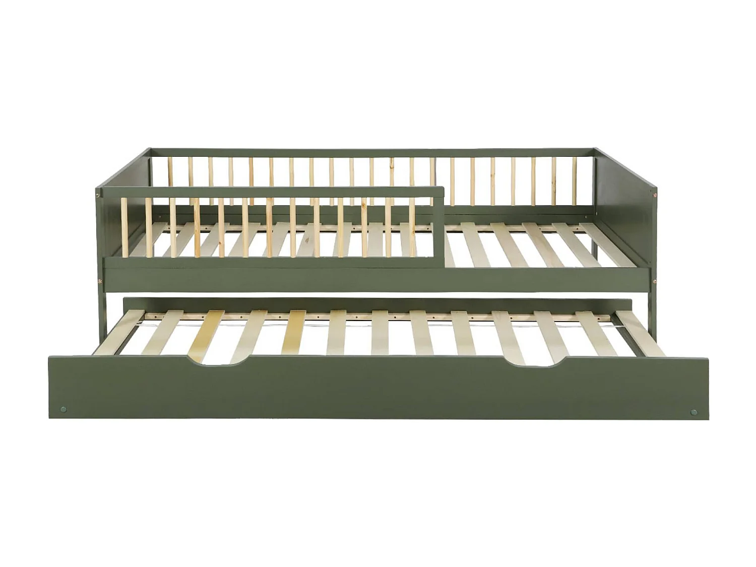 Lit gigogne enfant 90 x 190 cm pin naturel  avec sommier à lattes et tiroir vert - Elio