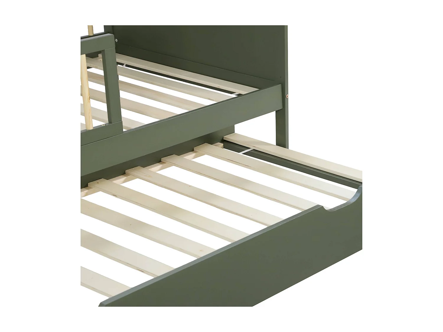 Lit gigogne enfant 90 x 190 cm pin naturel  avec sommier à lattes et tiroir vert - Elio