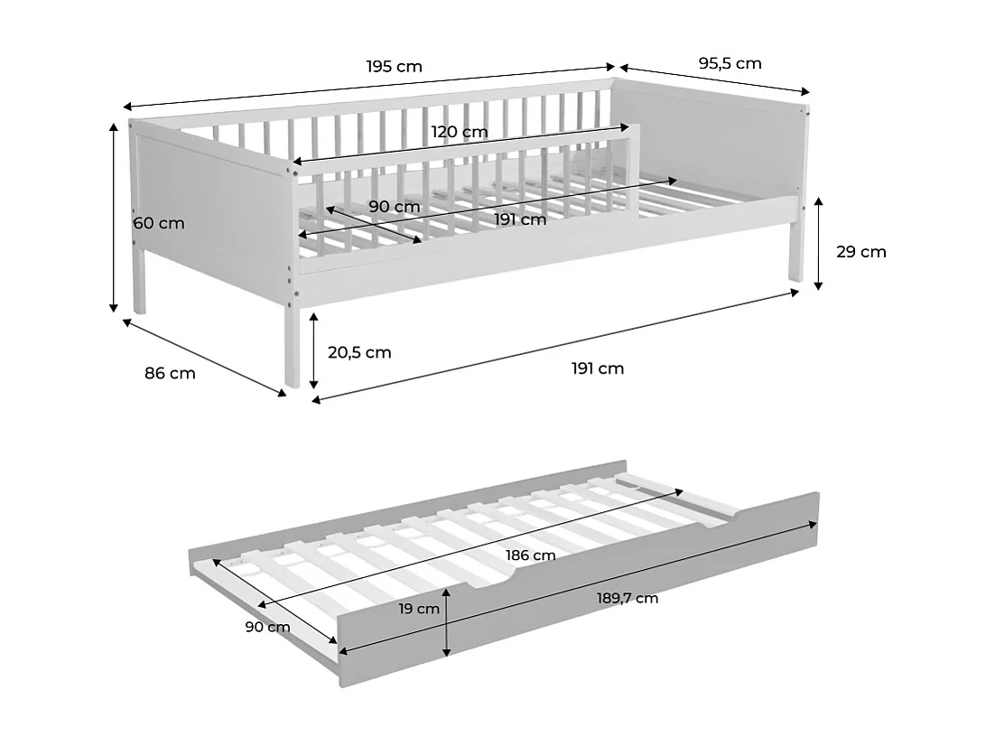 Lit gigogne enfant 90 x 190 cm pin naturel  avec sommier à lattes et tiroir vert - Elio