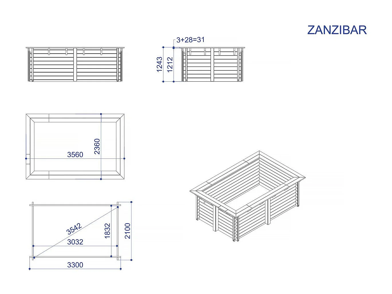 Piscine bois rectangle " Zanzibar "- 3,50 x 2,50 x 1,24  m