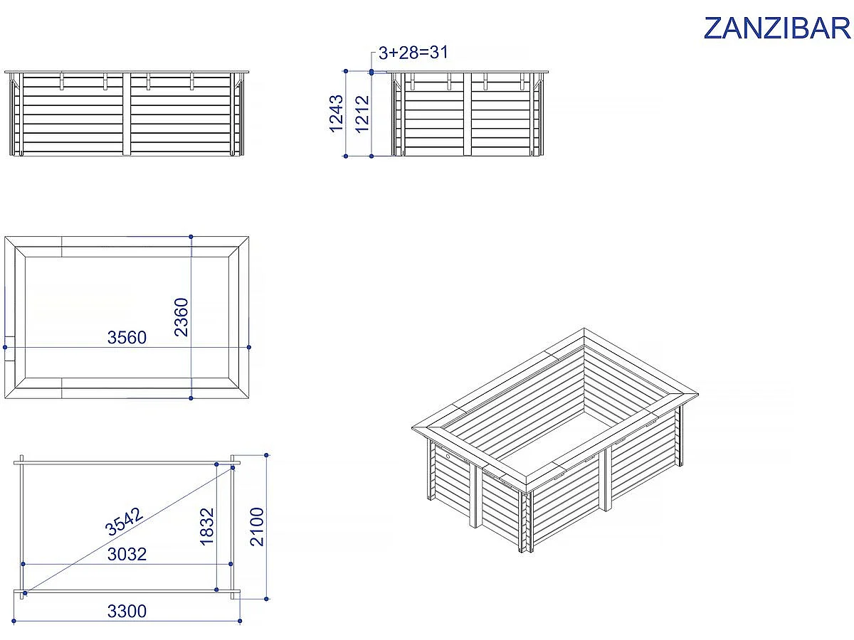 Piscine bois rectangle " Zanzibar "- 3,50 x 2,30 x 1,24  m