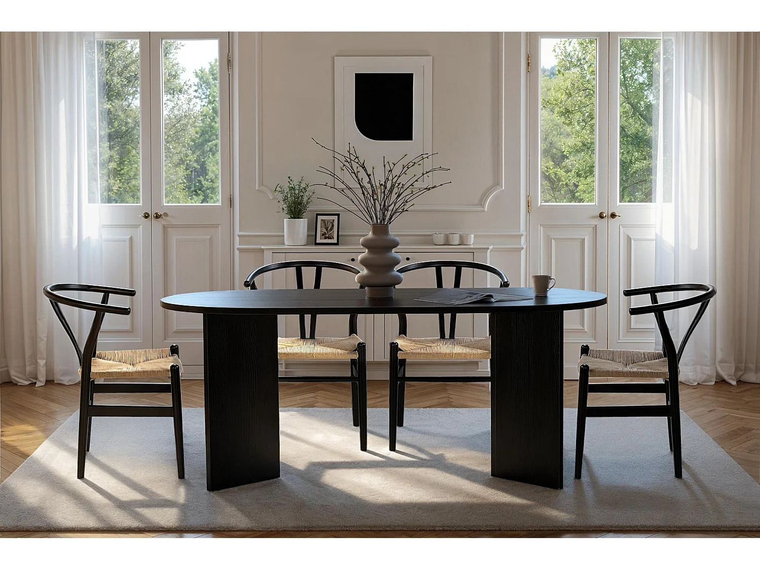 Table à manger ovale "Sablin" en bois noir 180x89x75 cm - 8 places, design classique et finition premium
