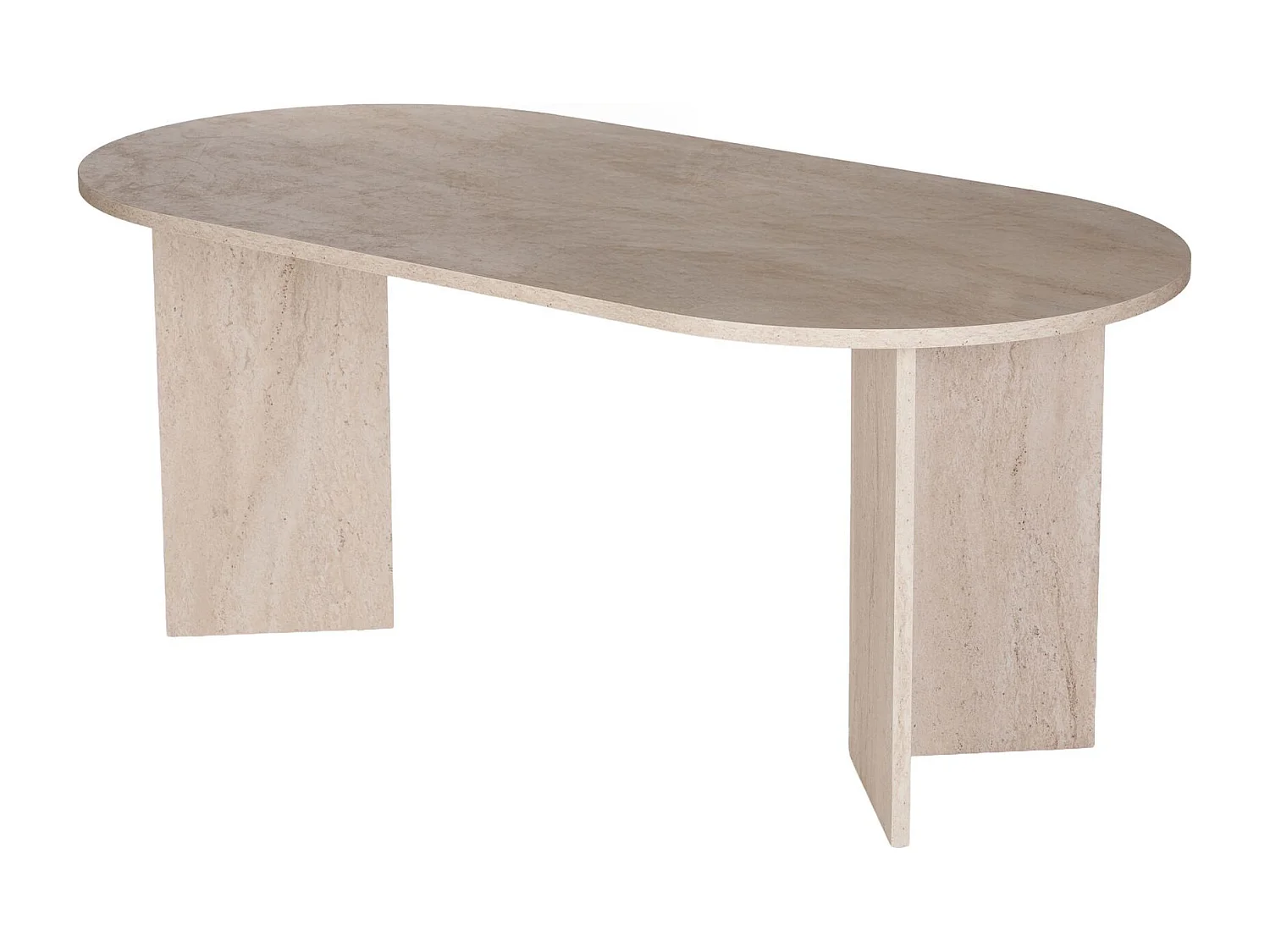 Table à manger ovale Sablin en bois et travertin beige 180x89x75 cm - 8 places, design classique et finition premium