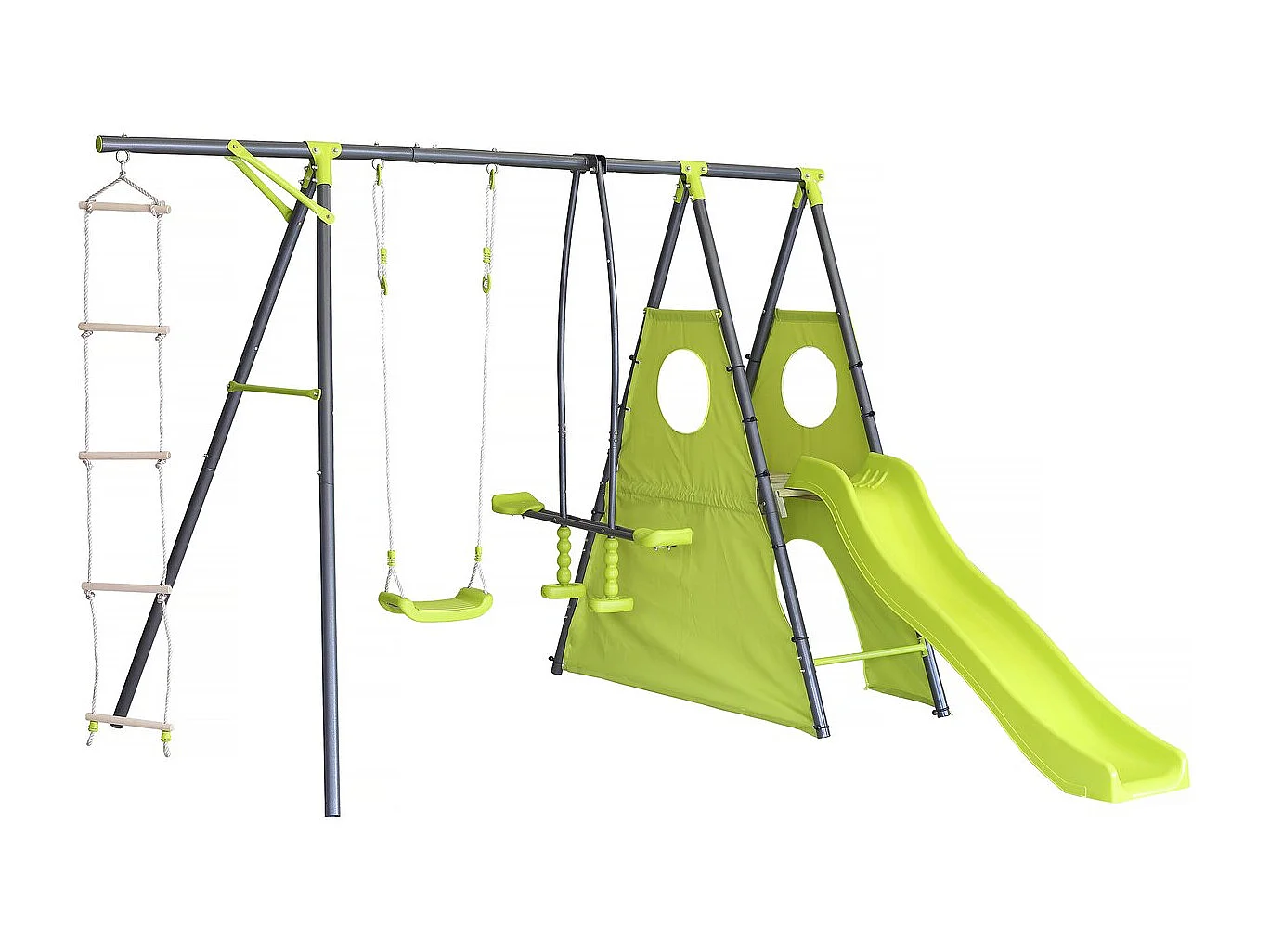 Estructura de juego metálica "Dany" con tobogán - 5 aparatos - Verde