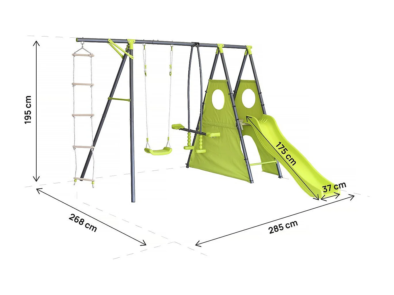 Estructura de juego metálica "Dany" con tobogán - 5 aparatos - Verde