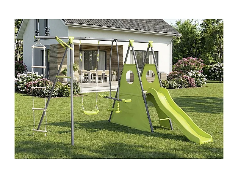 Estructura de juego metálica "Dany" con tobogán - 5 aparatos - Verde