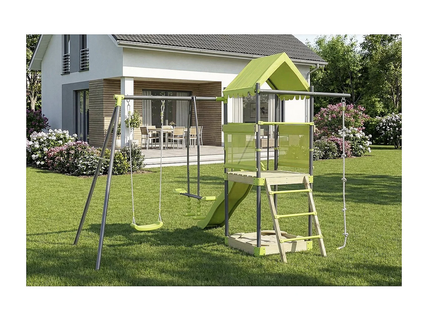 Columpio metálico "Sohane" con tobogán y arenero - Verde