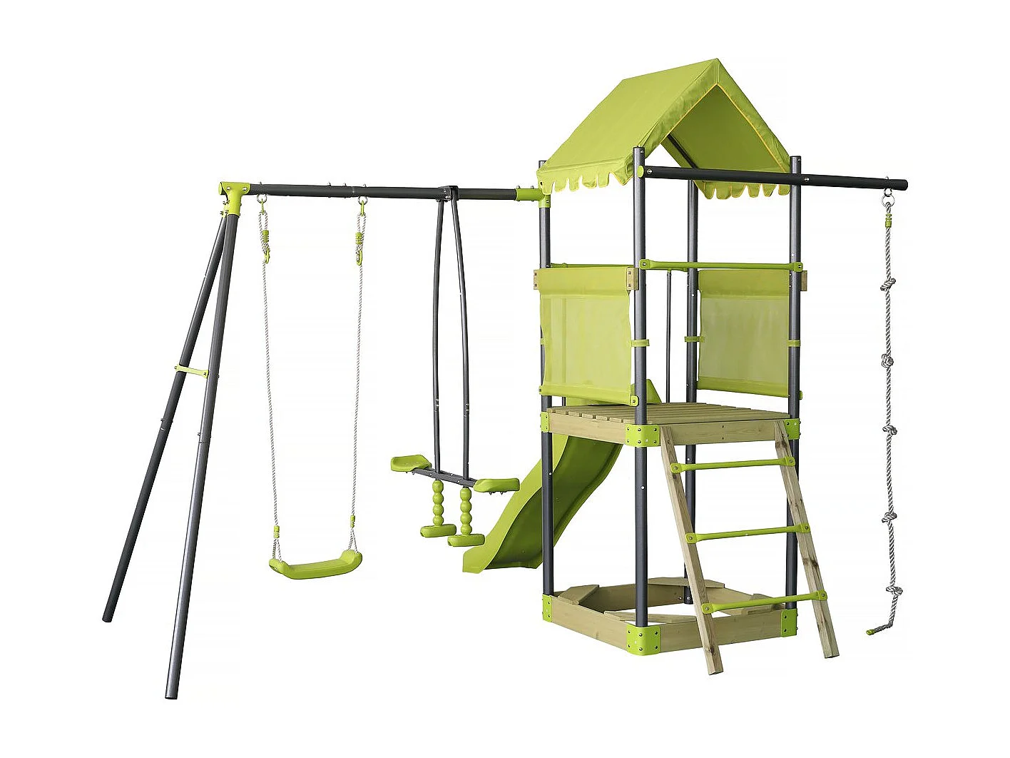 Columpio metálico "Sohane" con tobogán y arenero - Verde