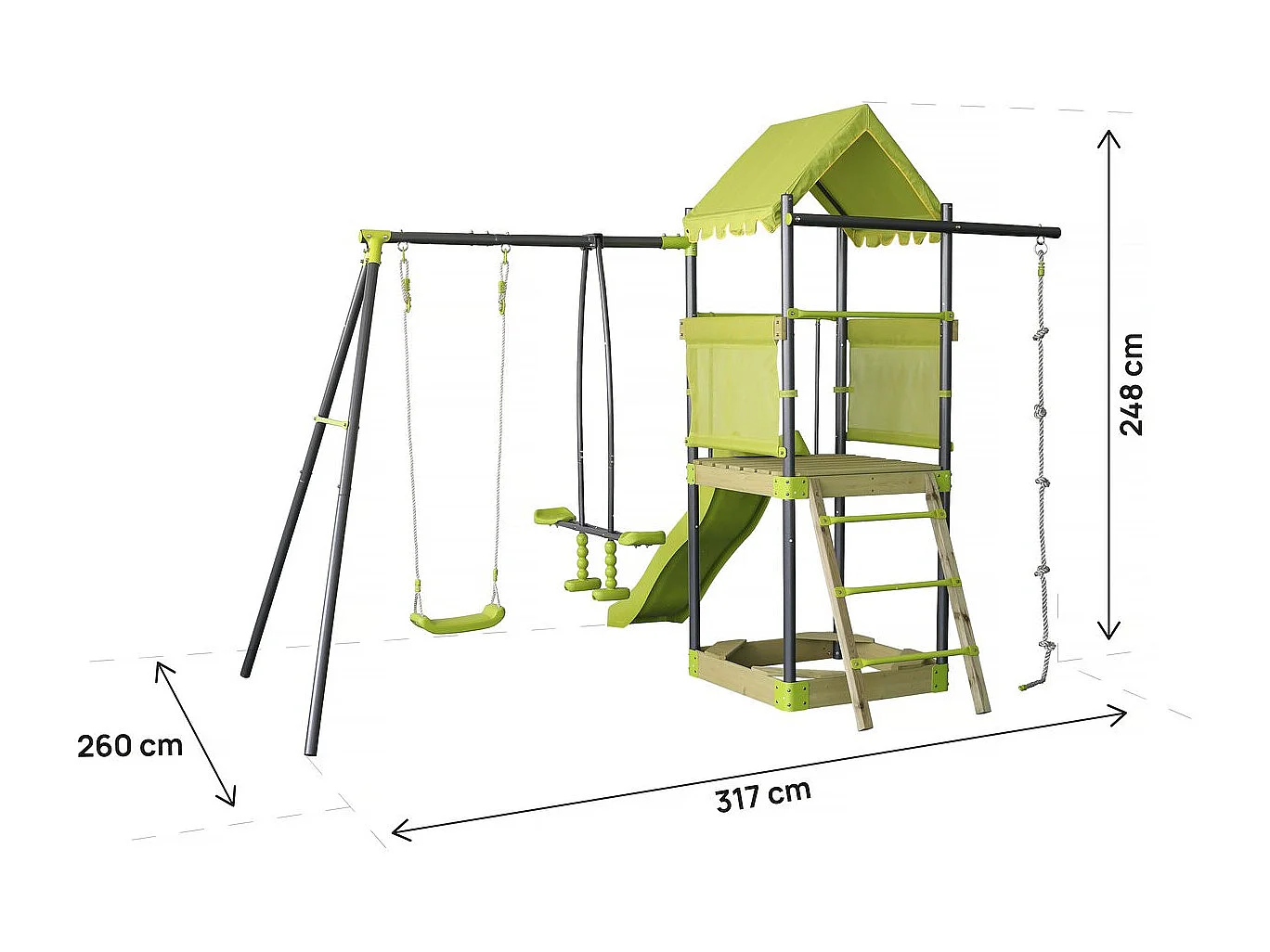 Columpio metálico "Sohane" con tobogán y arenero - Verde