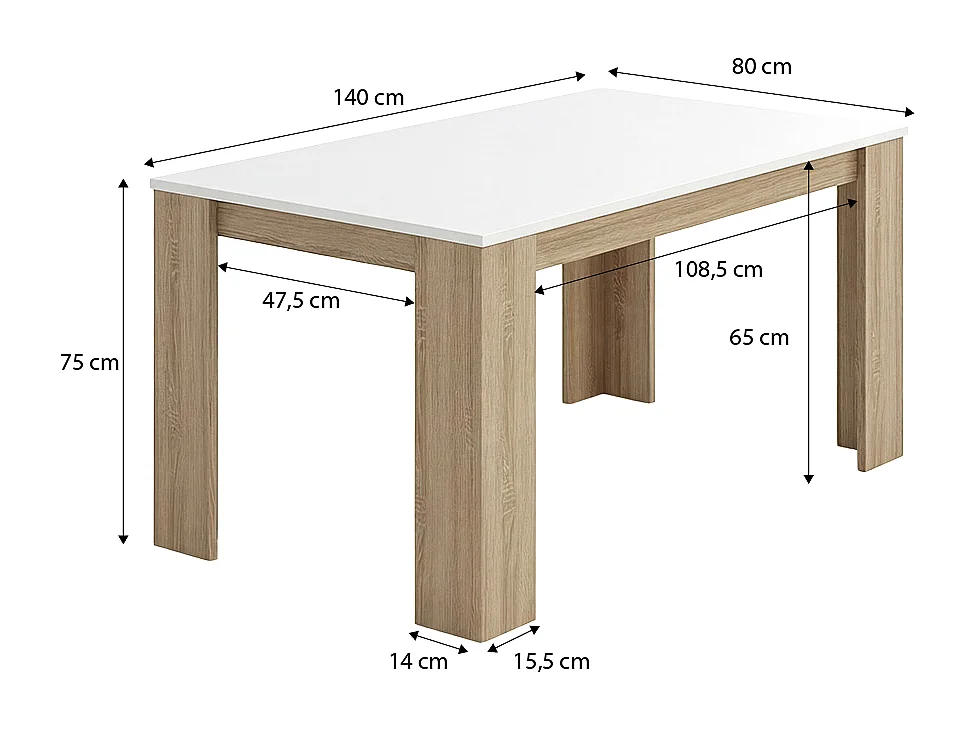 Mesa de jantar Naya em carvalho canadiano e artik branco 140X80 cm