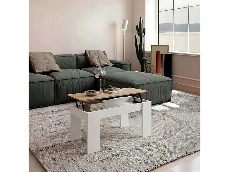 Mesa de centro elevable con almacenaje en blanco artik y roble canadian 90x43-53 cm Norak Blanco Artik (Blanco Mate) - Roble Canadian