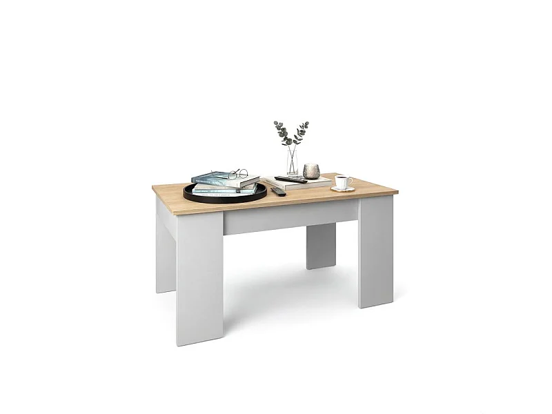 Mesa de centro elevable con almacenaje en blanco artik y roble canadian 90x43-53 cm Norak Blanco Artik (Blanco Mate) - Roble Canadian
