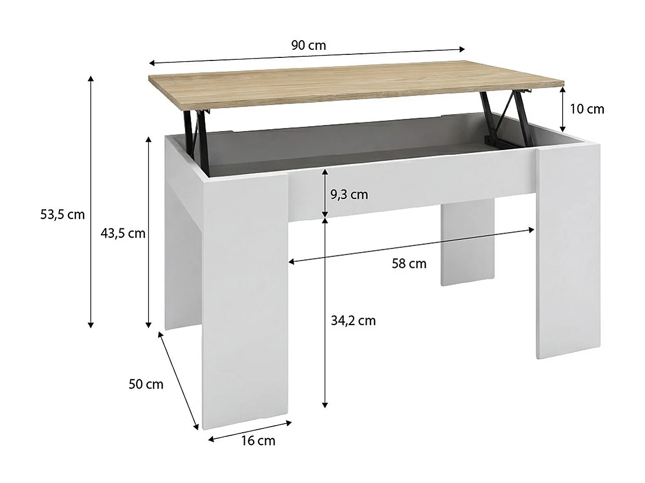 Mesa de centro elevable con almacenaje en blanco artik y roble canadian 90x43-53 cm Norak Blanco Artik (Blanco Mate) - Roble Canadian
