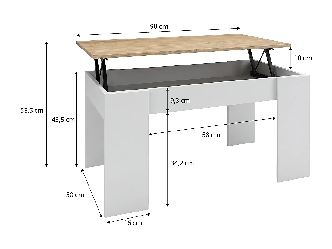 Mesa de centro elevable con almacenaje en blanco artik y roble canadian 90x43-53 cm Norak Blanco Artik (Blanco Mate) - Roble Canadian