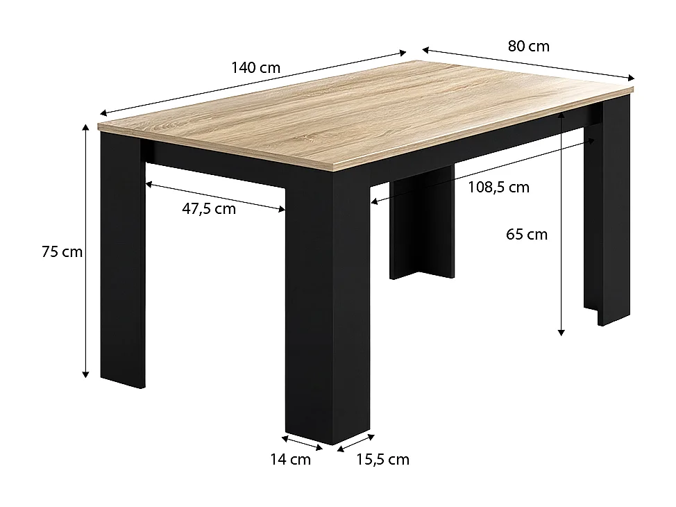 Mesa de jantar Naya em preto e carvalho canadiano 140X80 cm