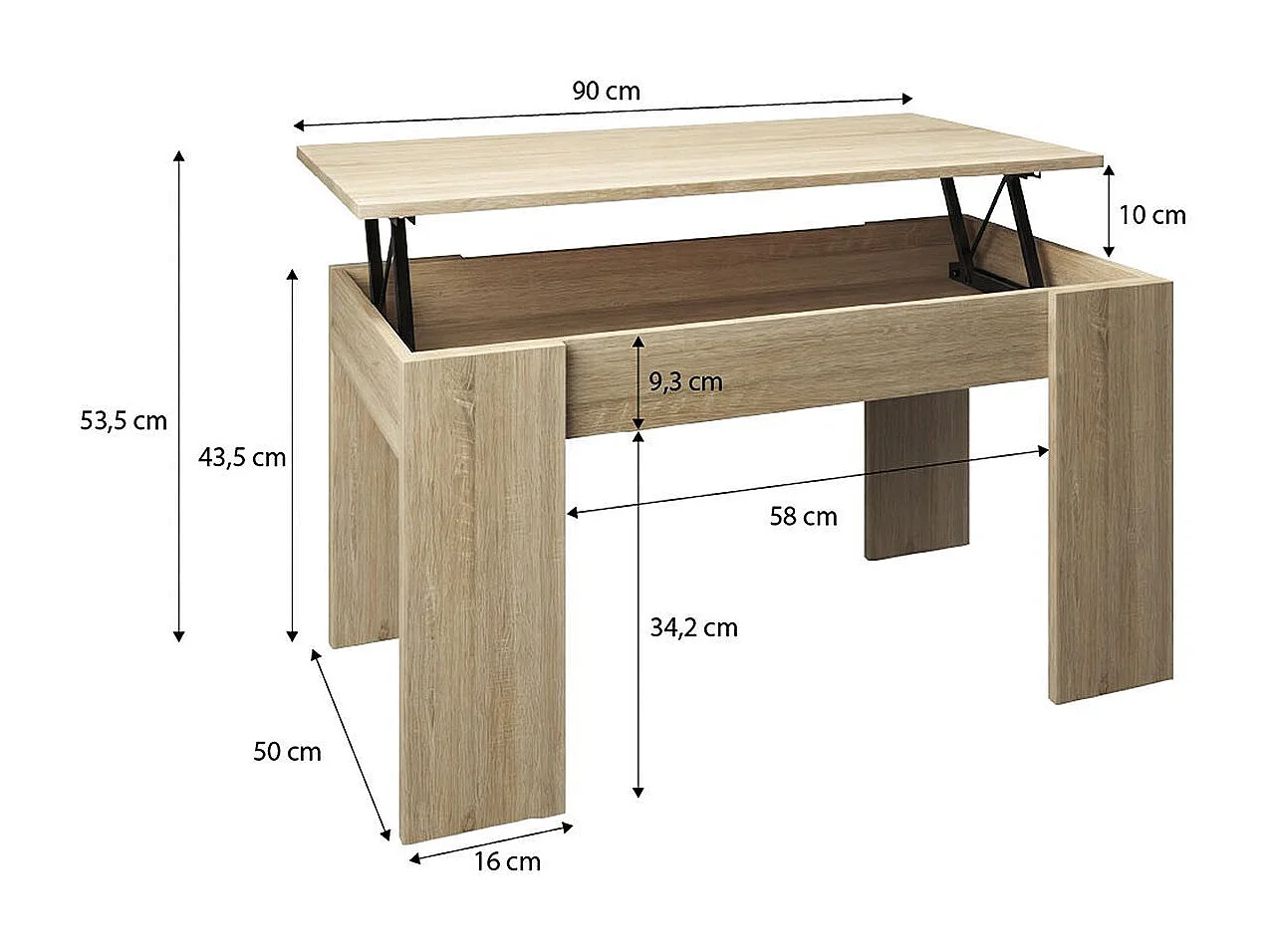 Mesa de centro em carvalho canadiano Norak com tampo elevatório