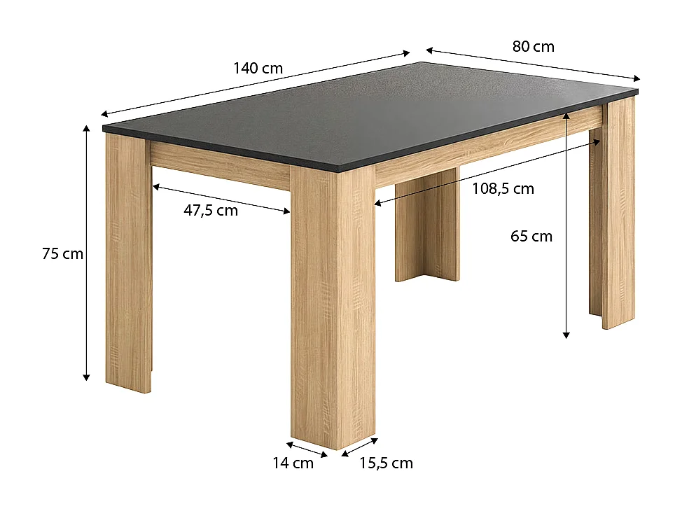 Mesa de jantar Naya em carvalho canadiano e grafite 140X80 cm