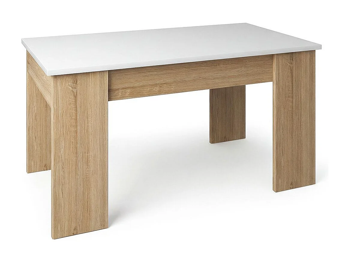 Mesa de centro elevable con almacenaje en roble canadian y blanco artik 90x43-53 cm Norak Roble Canadian - Blanco Artik (Blanco Mate)
